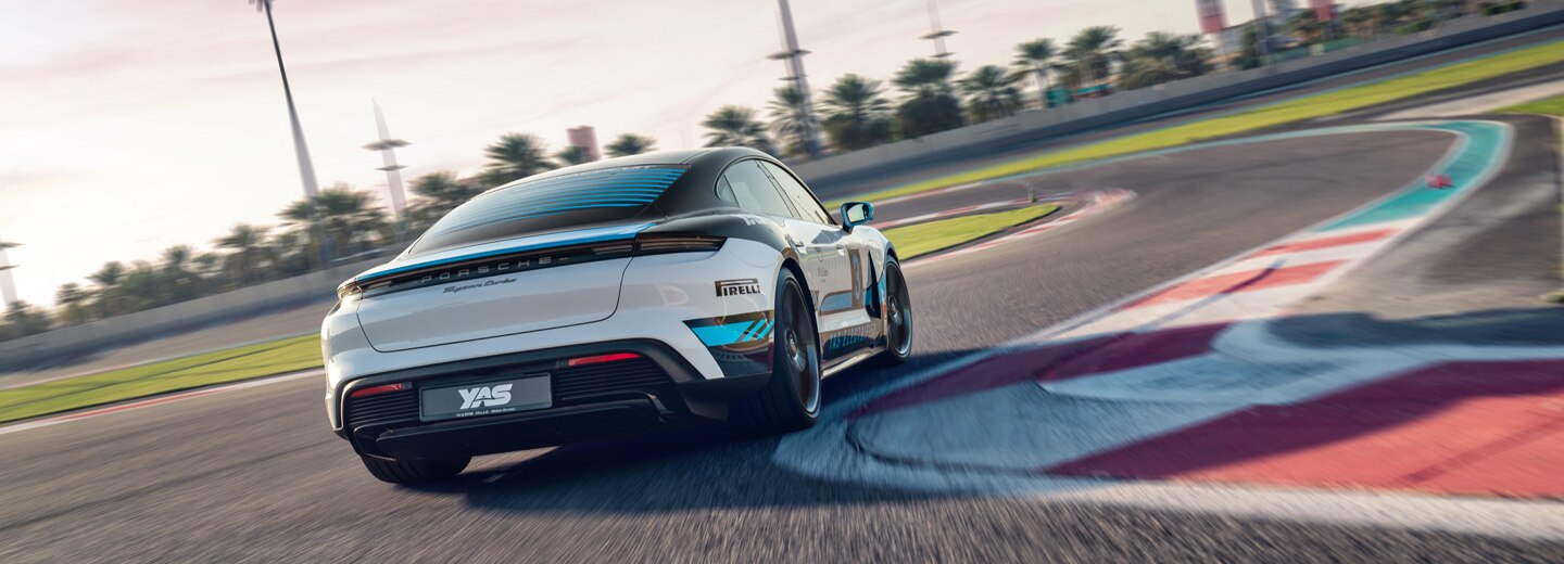 View of the incredible all electric Porcshe Taycan Turbo at Yas Marina Circuit, Abu Dhabi