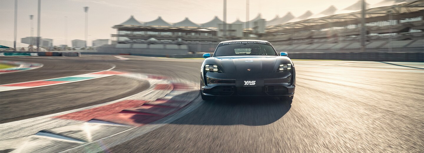 View of the incredible all electric Porcshe Taycan Turbo at Yas Marina Circuit, Abu Dhabi